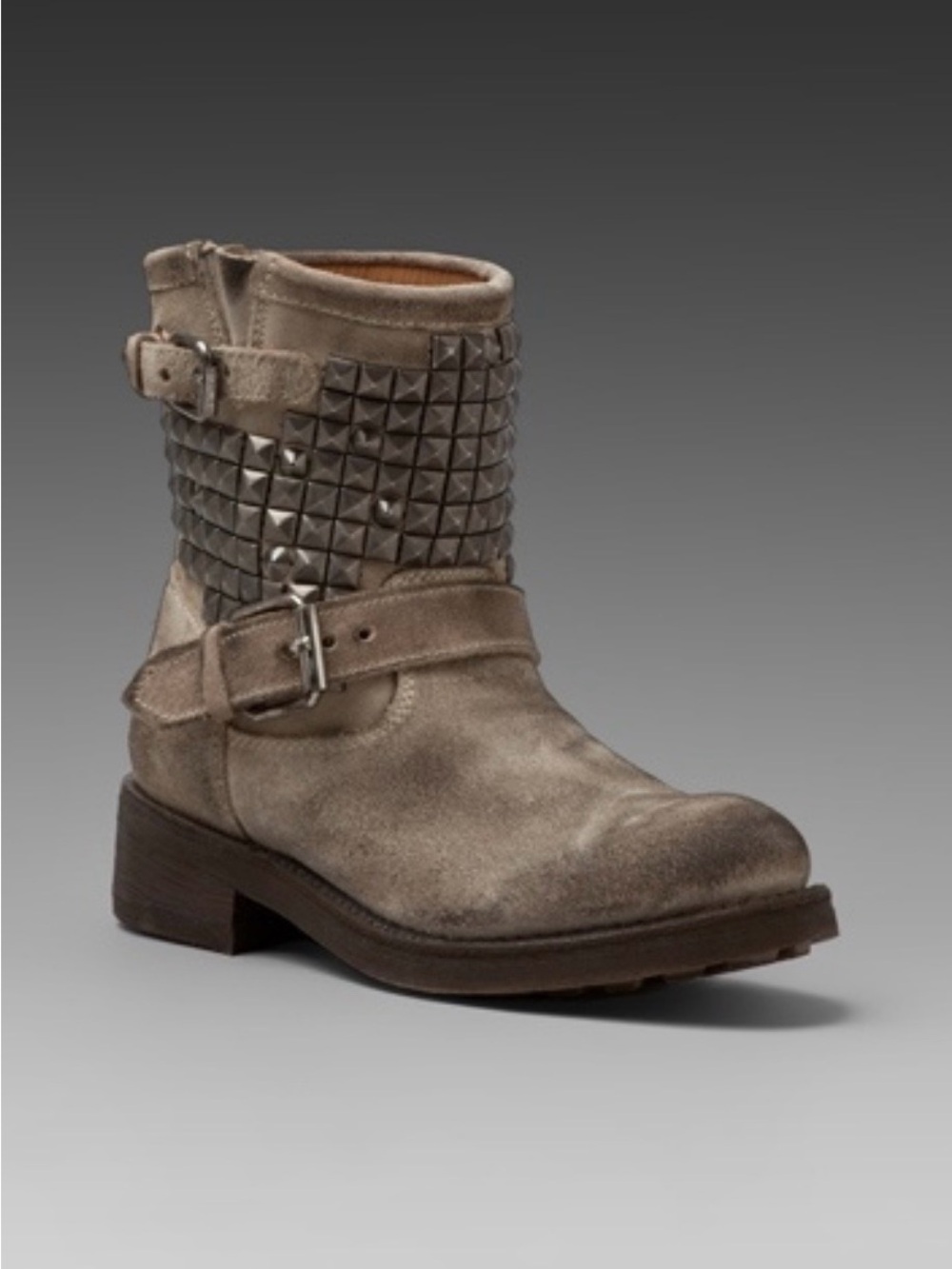 ASH Titan Studded Suede Biker Ankle Boot in Taupe